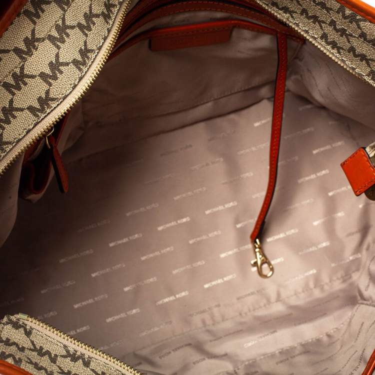 Pre Owned MICHAEL Michael Kors Beige/Orange Signature Coated Canvas and Leather Large Emry Tote 