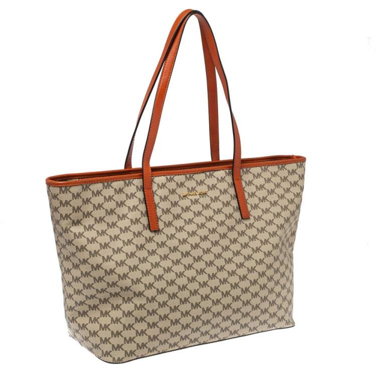 Pre Owned MICHAEL Michael Kors Beige/Orange Signature Coated Canvas and Leather Large Emry Tote 