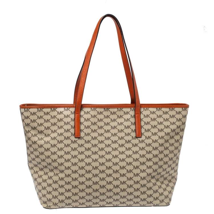 Pre Owned MICHAEL Michael Kors Beige/Orange Signature Coated Canvas and Leather Large Emry Tote 