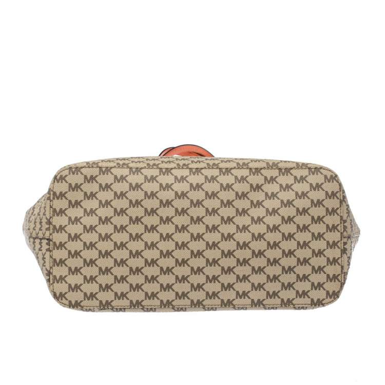 Pre Owned MICHAEL Michael Kors Beige/Orange Signature Coated Canvas and Leather Large Emry Tote 