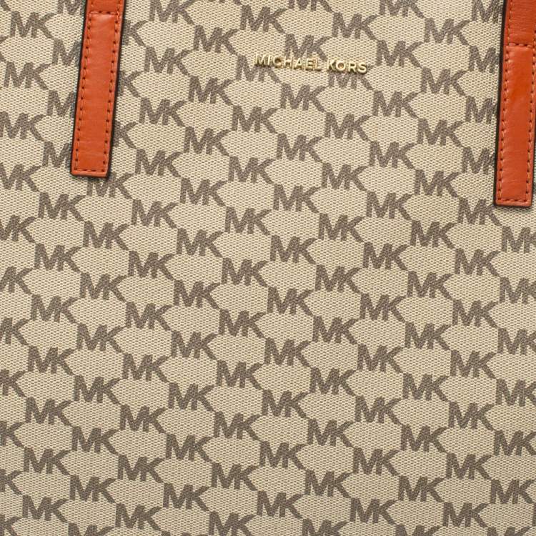 Pre Owned MICHAEL Michael Kors Beige/Orange Signature Coated Canvas and Leather Large Emry Tote 