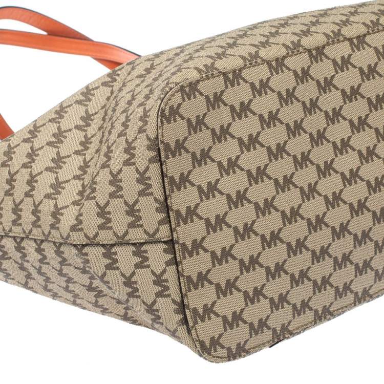 Pre Owned MICHAEL Michael Kors Beige/Orange Signature Coated Canvas and Leather Large Emry Tote 