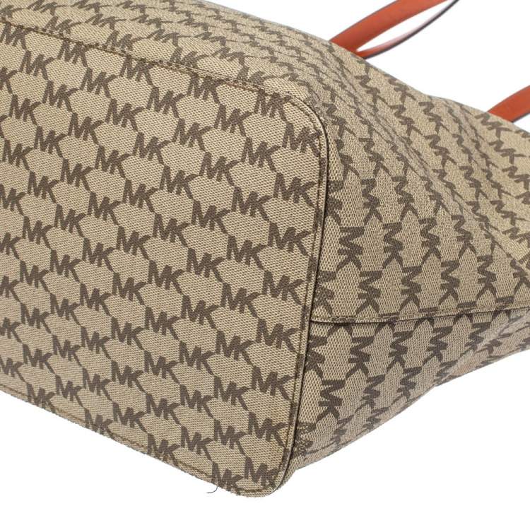 Pre Owned MICHAEL Michael Kors Beige/Orange Signature Coated Canvas and Leather Large Emry Tote 