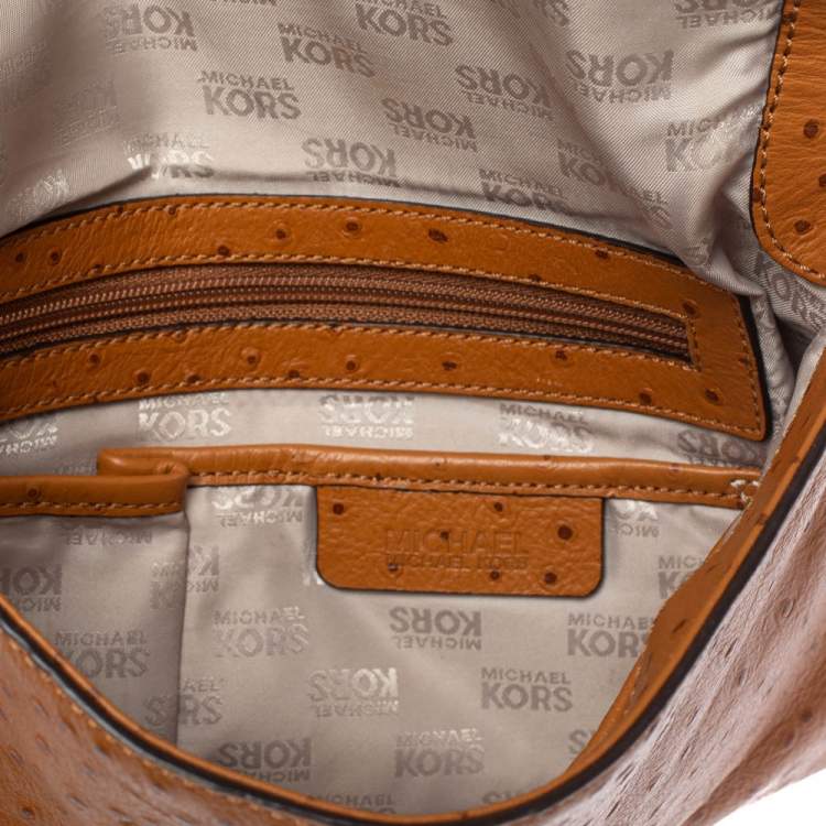 Pre Owned MICHAEL Michael Kors Brown Ostrich Embossed Leather Turnlock Flap Shoulder Bag
