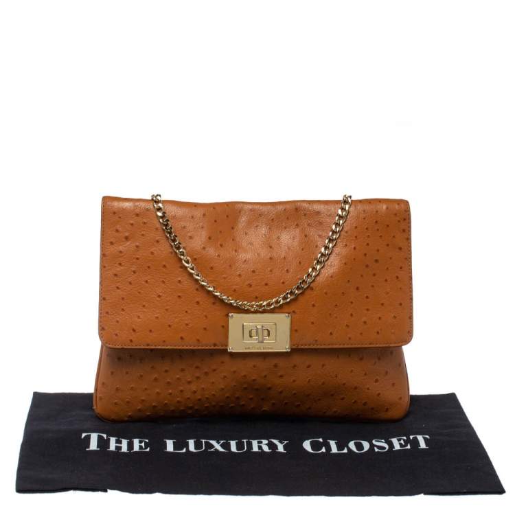 Pre Owned MICHAEL Michael Kors Brown Ostrich Embossed Leather Turnlock Flap Shoulder Bag
