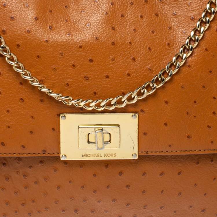 Pre Owned MICHAEL Michael Kors Brown Ostrich Embossed Leather Turnlock Flap Shoulder Bag