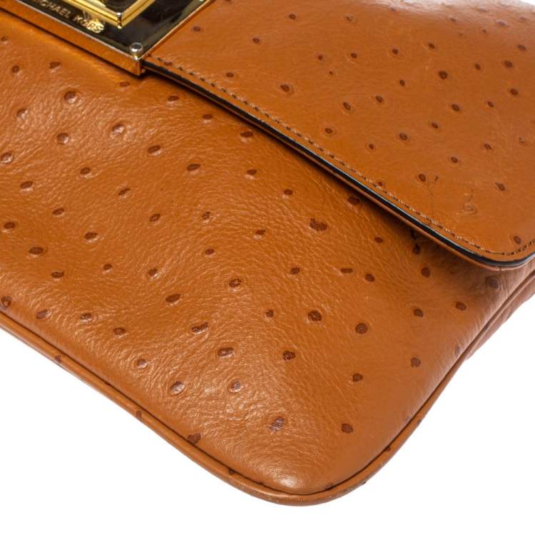 Pre Owned MICHAEL Michael Kors Brown Ostrich Embossed Leather Turnlock Flap Shoulder Bag