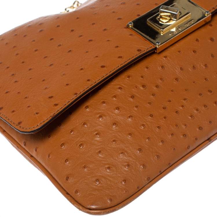 Pre Owned MICHAEL Michael Kors Brown Ostrich Embossed Leather Turnlock Flap Shoulder Bag
