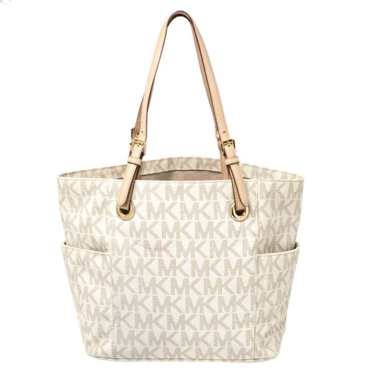 Pre Owned MICHAEL Michael Kors White Signature Coated Canvas and Leather Jet Set East West Tote