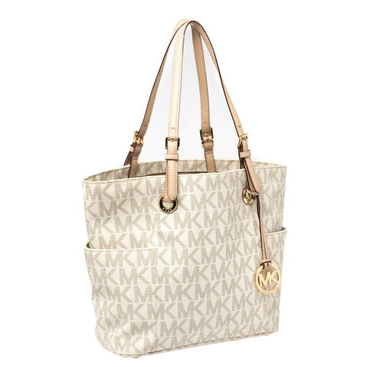 Pre Owned MICHAEL Michael Kors White Signature Coated Canvas and Leather Jet Set East West Tote