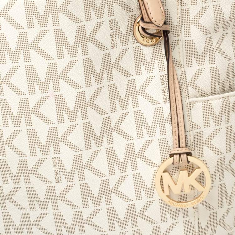 Pre Owned MICHAEL Michael Kors White Signature Coated Canvas and Leather Jet Set East West Tote