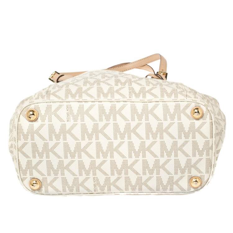 Pre Owned MICHAEL Michael Kors White Signature Coated Canvas and Leather Jet Set East West Tote