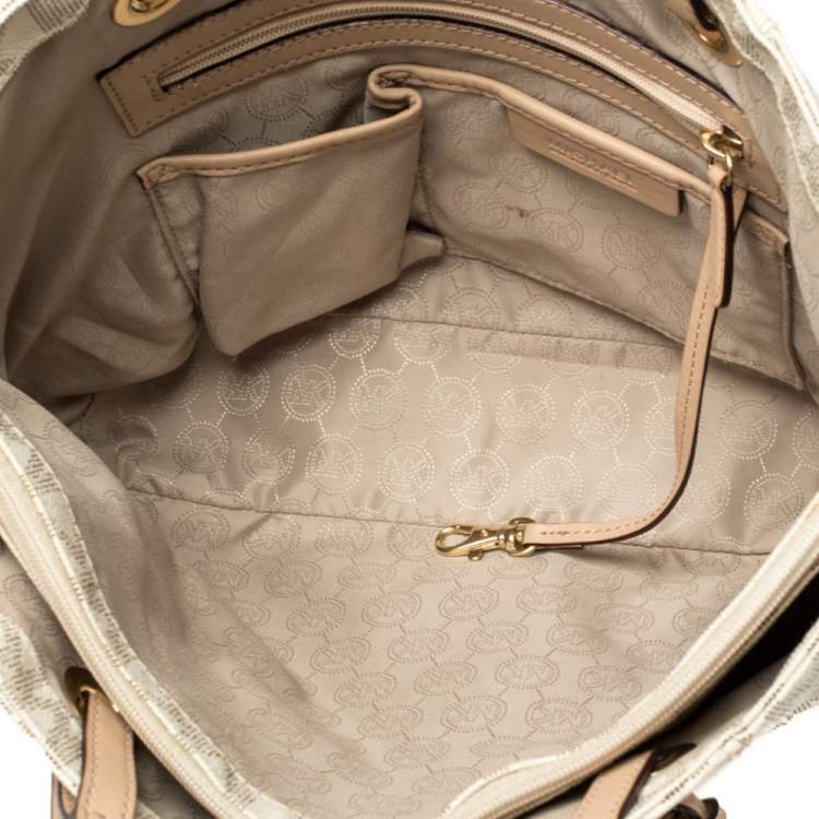 Pre Owned MICHAEL Michael Kors White Signature Coated Canvas and Leather Jet Set East West Tote