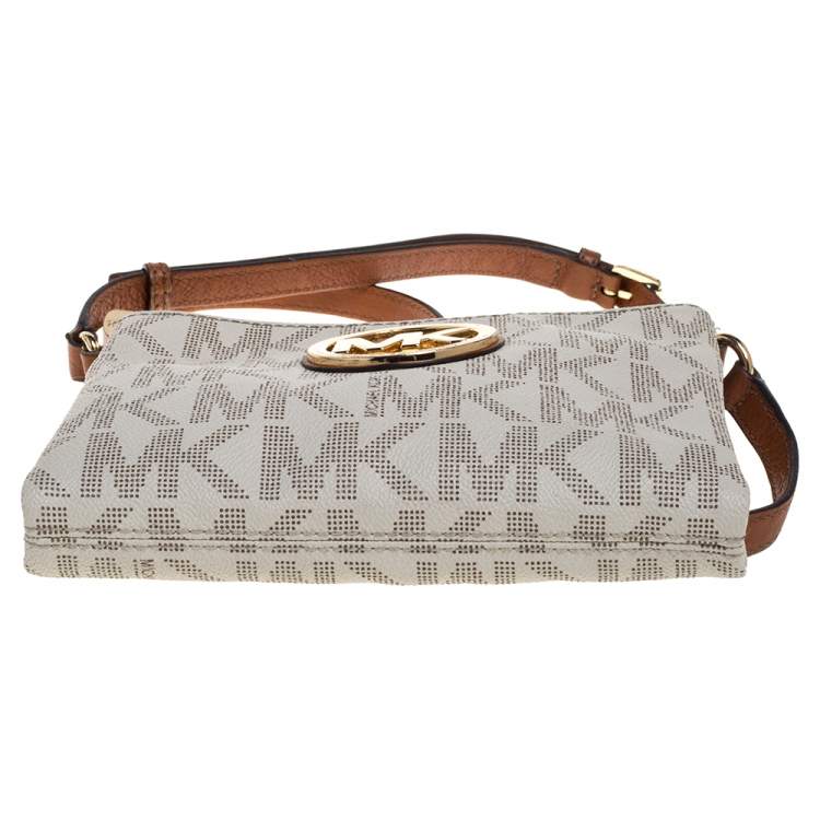 Pre Owned MICHAEL Michael Kors Off White/Tan Coated Canvas and Leather Fulton Crossbody Bag