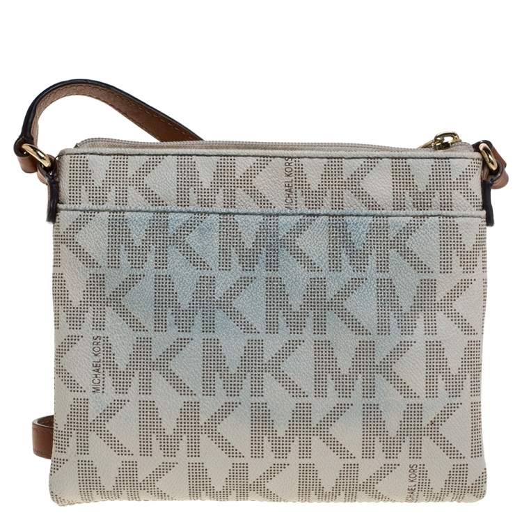 Pre Owned MICHAEL Michael Kors Off White/Tan Coated Canvas and Leather Fulton Crossbody Bag