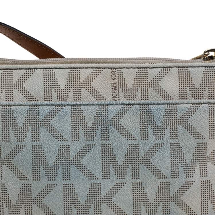 Pre Owned MICHAEL Michael Kors Off White/Tan Coated Canvas and Leather Fulton Crossbody Bag