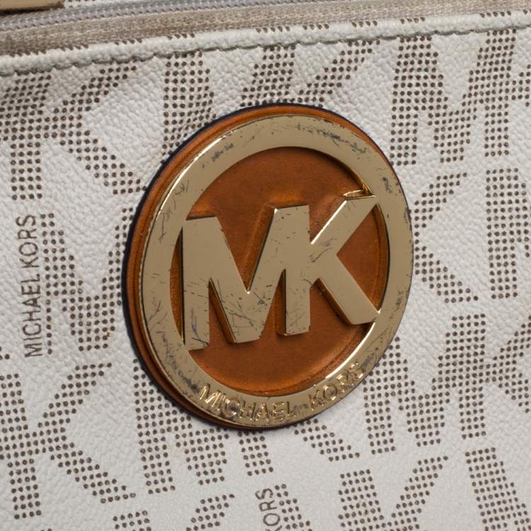 Pre Owned MICHAEL Michael Kors Off White/Tan Coated Canvas and Leather Fulton Crossbody Bag