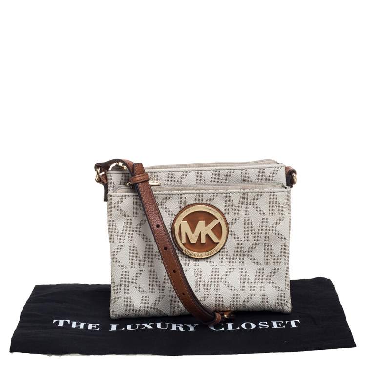 Pre Owned MICHAEL Michael Kors Off White/Tan Coated Canvas and Leather Fulton Crossbody Bag