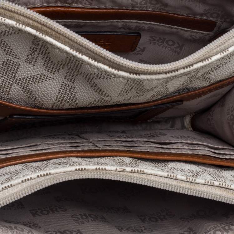 Pre Owned MICHAEL Michael Kors Off White/Tan Coated Canvas and Leather Fulton Crossbody Bag