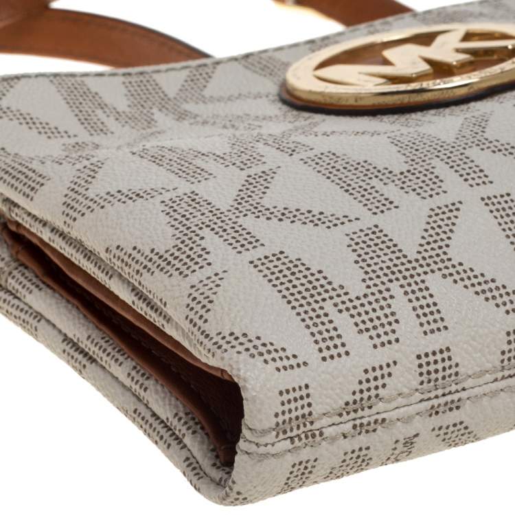 Pre Owned MICHAEL Michael Kors Off White/Tan Coated Canvas and Leather Fulton Crossbody Bag