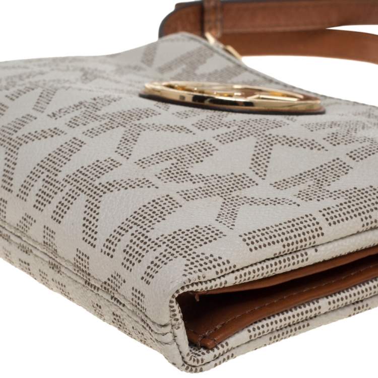 Pre Owned MICHAEL Michael Kors Off White/Tan Coated Canvas and Leather Fulton Crossbody Bag
