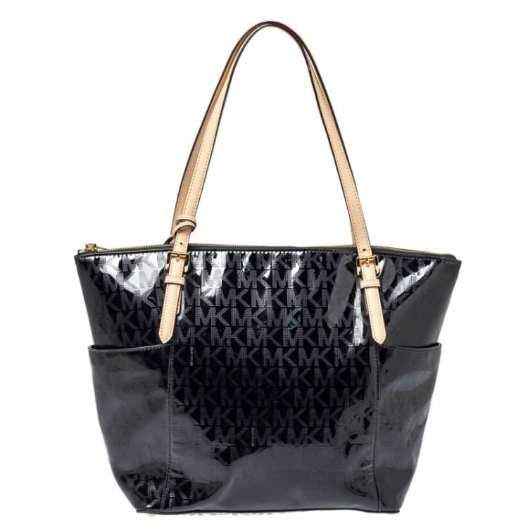 Pre Owned MICHAEL Michael Kors Black Signature Mirror PVC and Leather East West Zip Tote