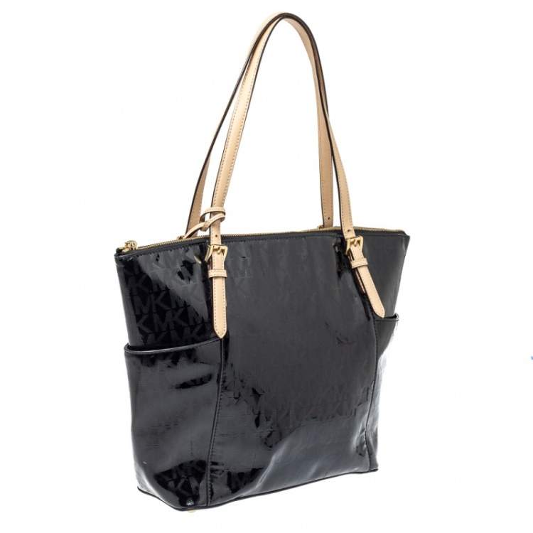 Pre Owned MICHAEL Michael Kors Black Signature Mirror PVC and Leather East West Zip Tote