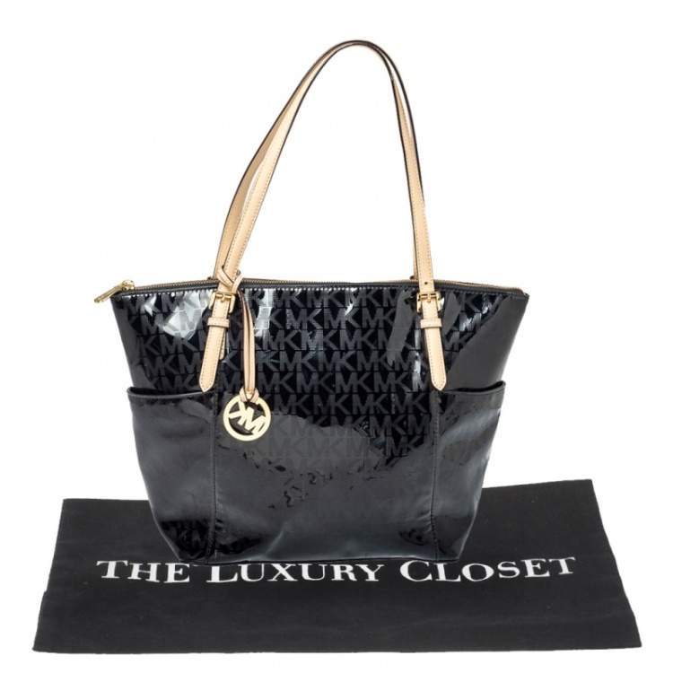 Pre Owned MICHAEL Michael Kors Black Signature Mirror PVC and Leather East West Zip Tote