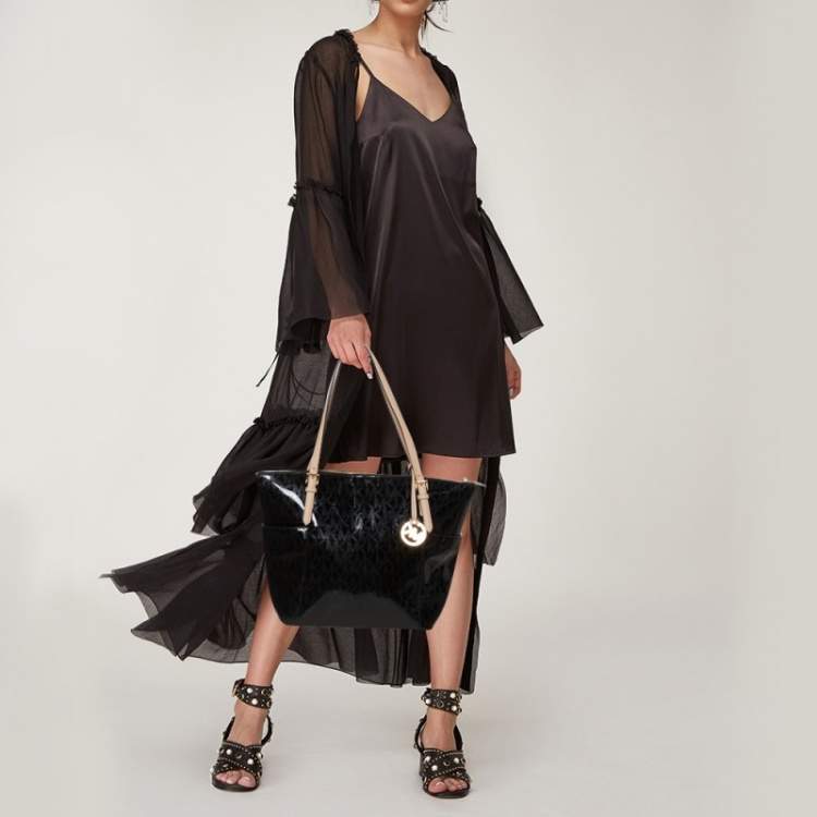 Pre Owned MICHAEL Michael Kors Black Signature Mirror PVC and Leather East West Zip Tote