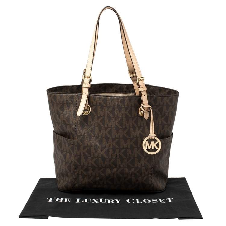 Pre Owned MICHAEL Michael Kors Brown Signature Coated Canvas and Leather Jet Set East West Tote