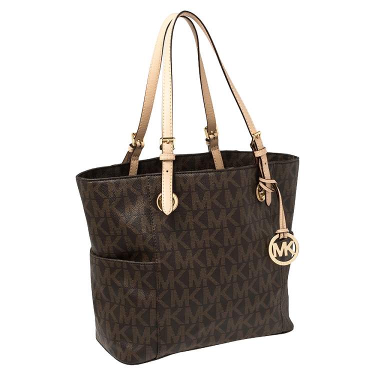 Pre Owned MICHAEL Michael Kors Brown Signature Coated Canvas and Leather Jet Set East West Tote