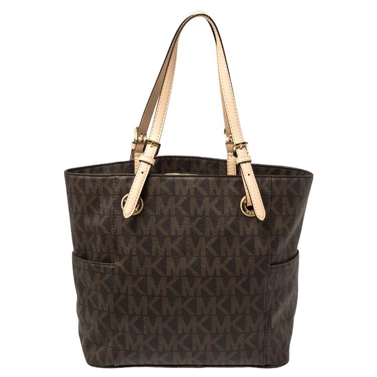 Pre Owned MICHAEL Michael Kors Brown Signature Coated Canvas and Leather Jet Set East West Tote