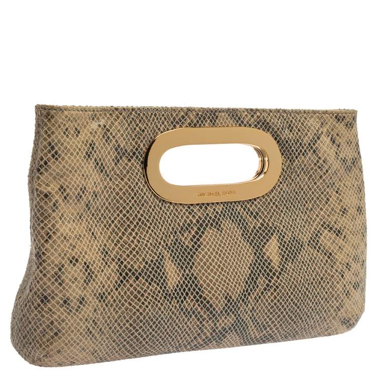 Pre Owned MICHAEL Michael Kors Beige/Black Snakeskin Effect Leather Berkley Clutch