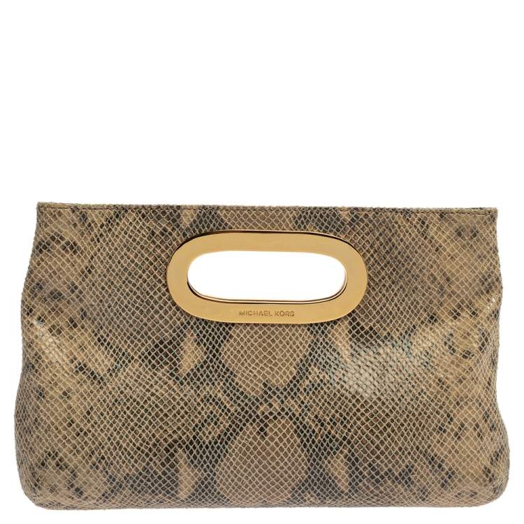 Pre Owned MICHAEL Michael Kors Beige/Black Snakeskin Effect Leather Berkley Clutch