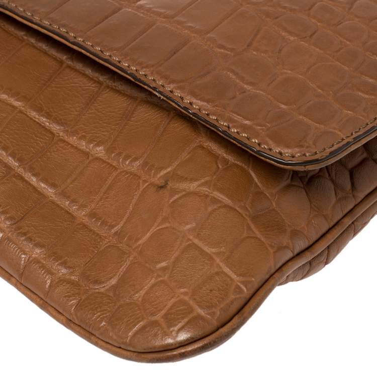 Pre Owned MICHAEL Michael Kors Brown Croc Embossed Leather Sloan Shoulder Bag