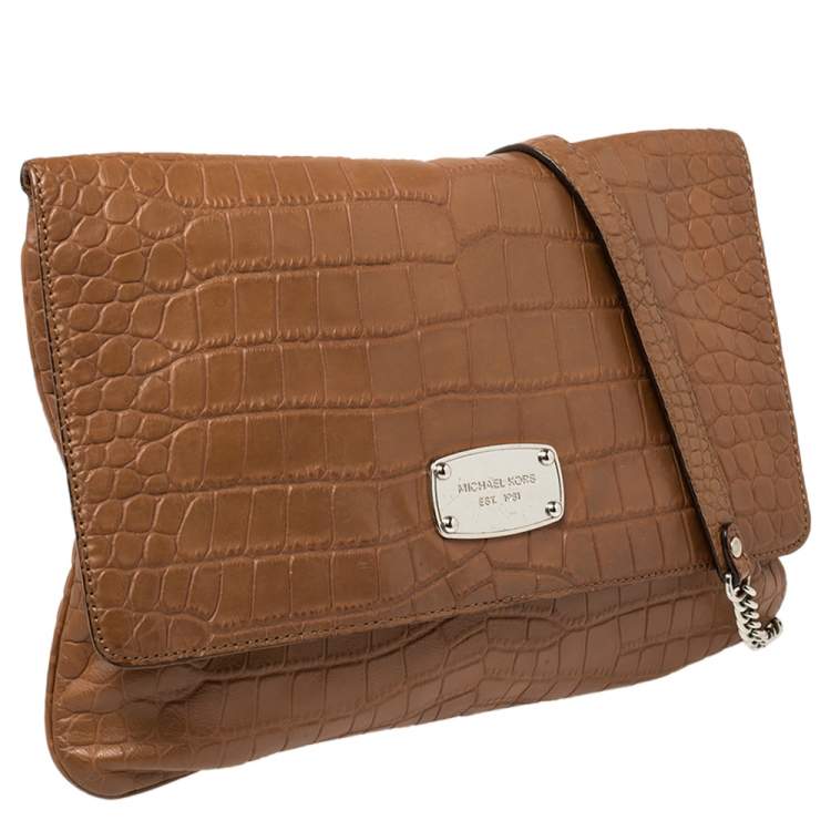 Pre Owned MICHAEL Michael Kors Brown Croc Embossed Leather Sloan Shoulder Bag