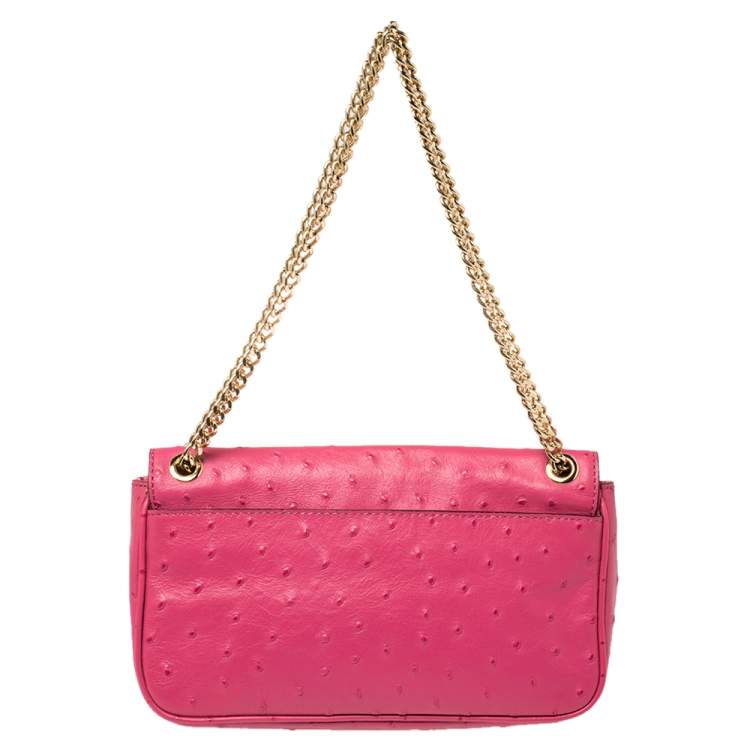 Pre Owned MICHAEL Michael Kors Fuchsia Embossed Ostrich Leather Zinnia Shoulder Bag