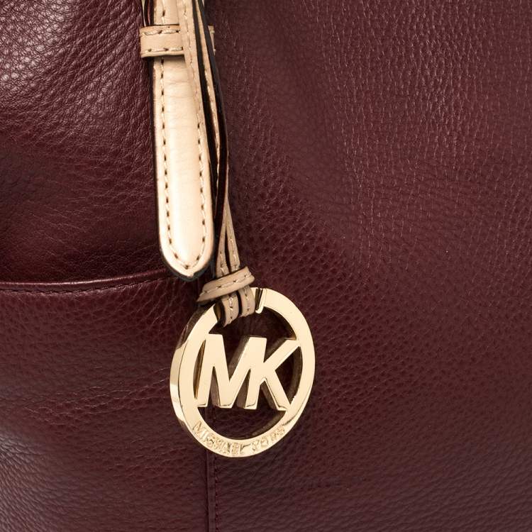 Pre Owned MICHAEL Michael Kors Burgundy/Beige Leather Medium Jet Set Top Zip Tote