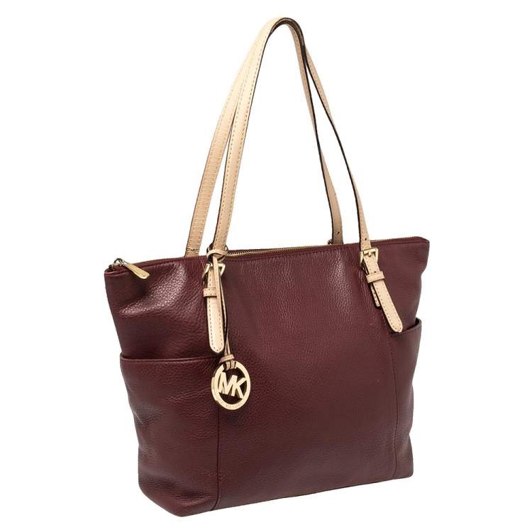 Pre Owned MICHAEL Michael Kors Burgundy/Beige Leather Medium Jet Set Top Zip Tote