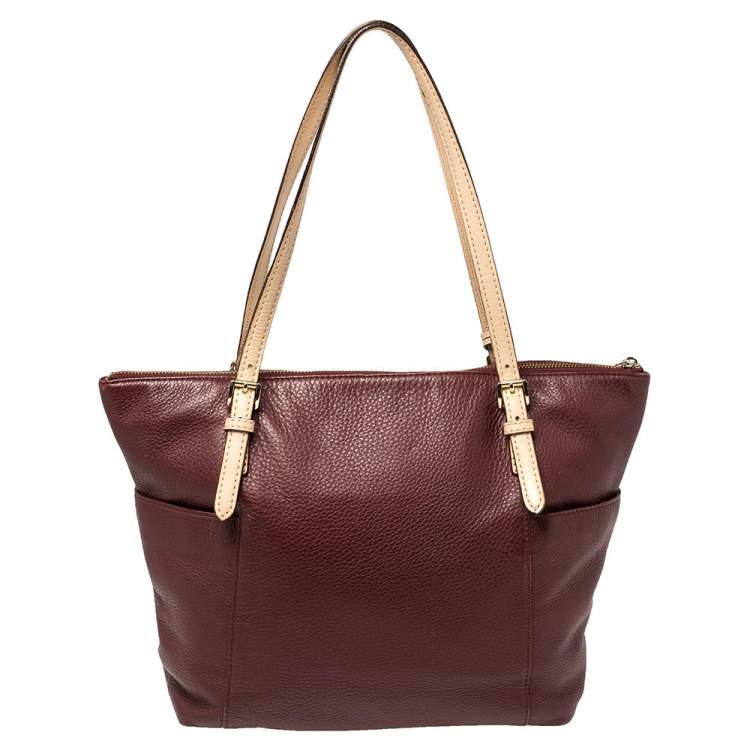 Pre Owned MICHAEL Michael Kors Burgundy/Beige Leather Medium Jet Set Top Zip Tote