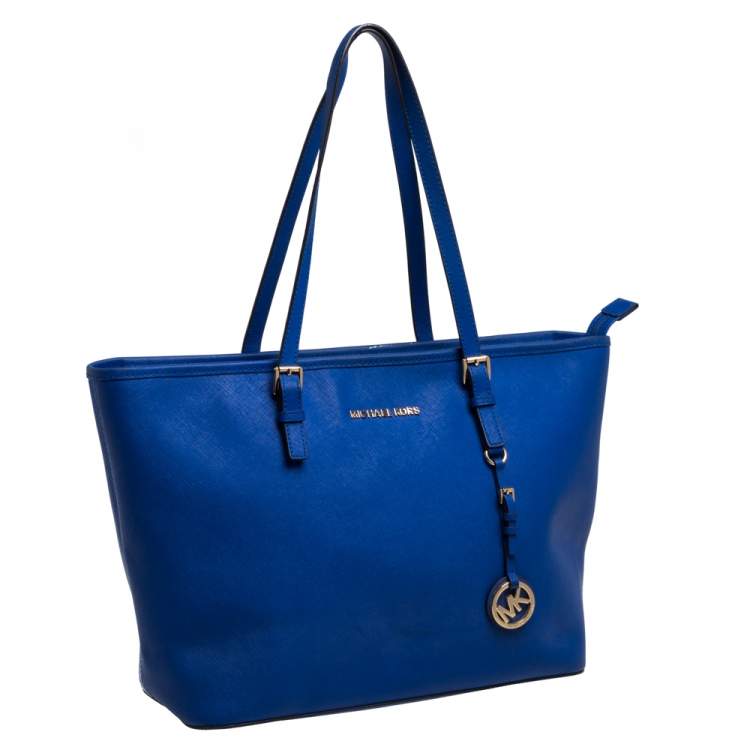 Pre Owned MICHAEL Michael Kors Blue Saffiano Leather Jet Set Travel Tote