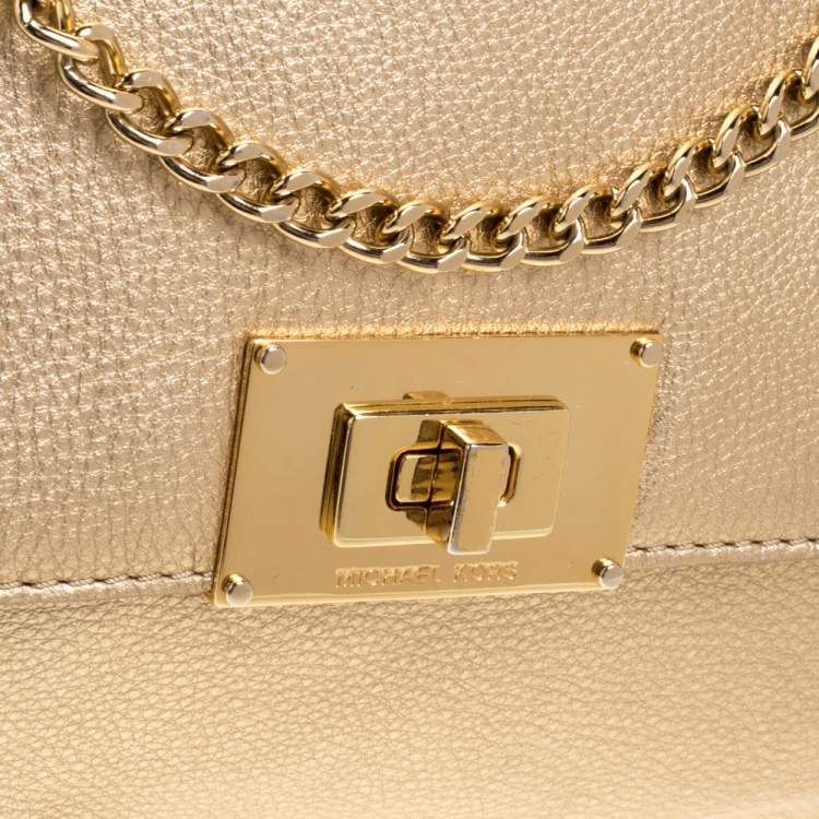 Pre Owned MICHAEL Michael Kors Metallic Gold Leather Turnlock Crossbody Bag
