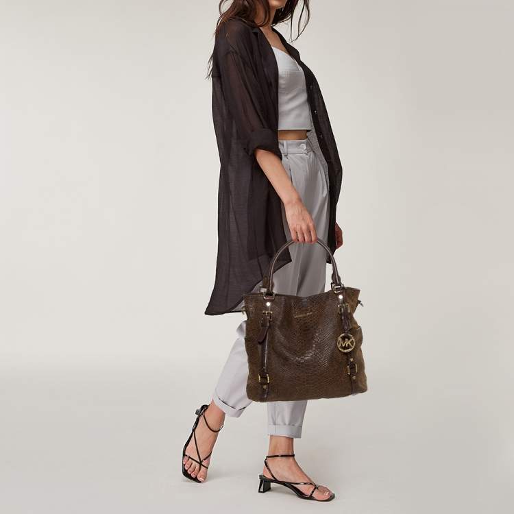 Pre Owned MICHAEL Michael Kors Dark Brown Python Embossed Leather Bedford Tote