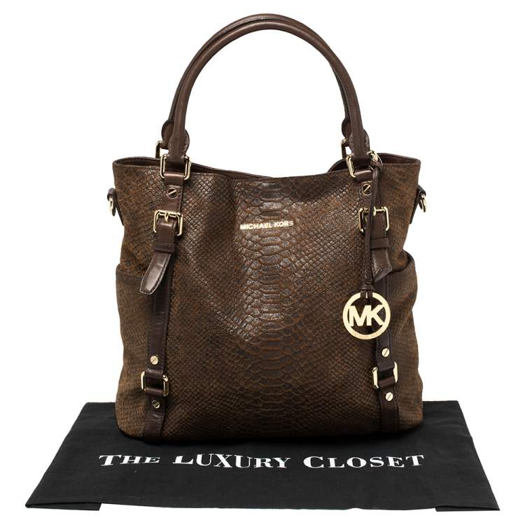 Pre Owned MICHAEL Michael Kors Dark Brown Python Embossed Leather Bedford Tote