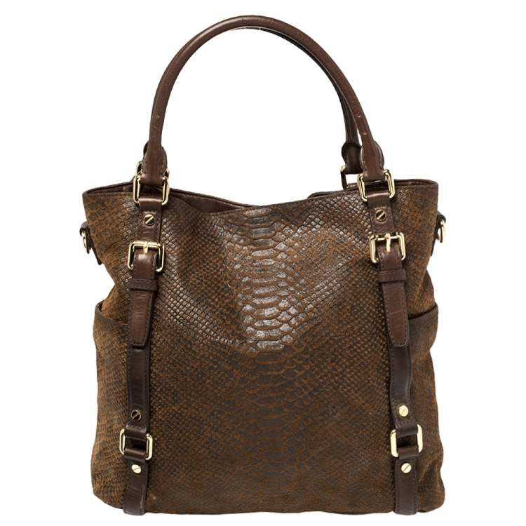 Pre Owned MICHAEL Michael Kors Dark Brown Python Embossed Leather Bedford Tote
