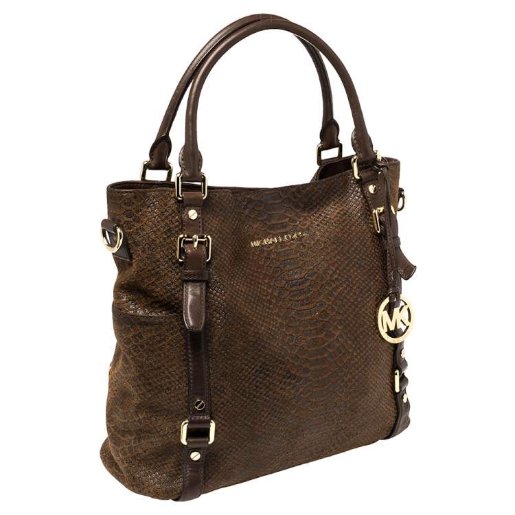 Pre Owned MICHAEL Michael Kors Dark Brown Python Embossed Leather Bedford Tote