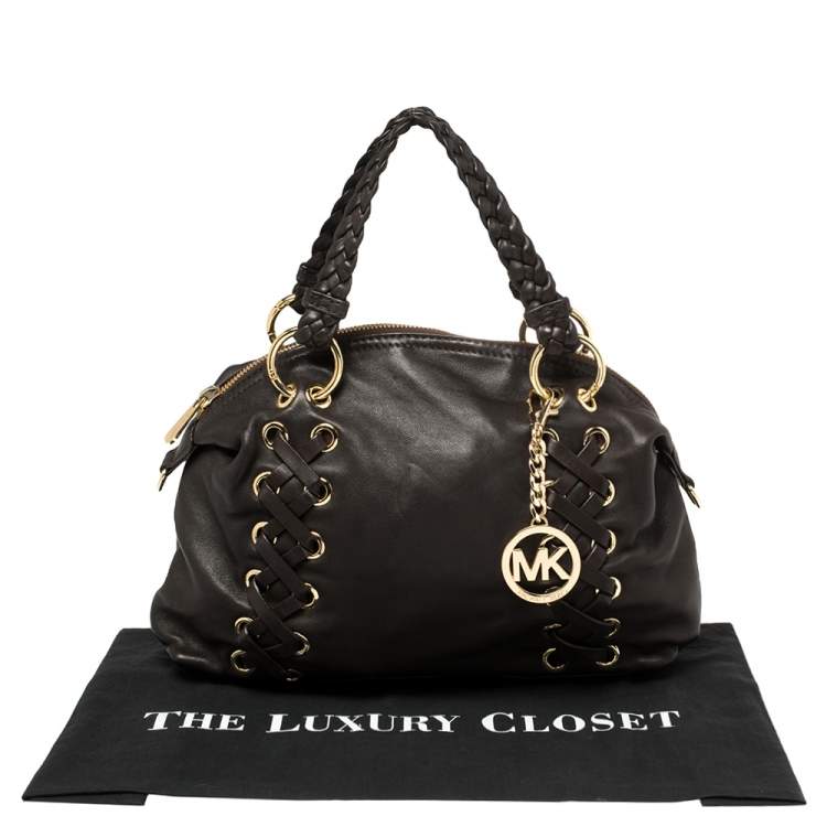 Pre Owned MICHAEL Michael Kors Dark Brown Leather Braided Handle Satchel