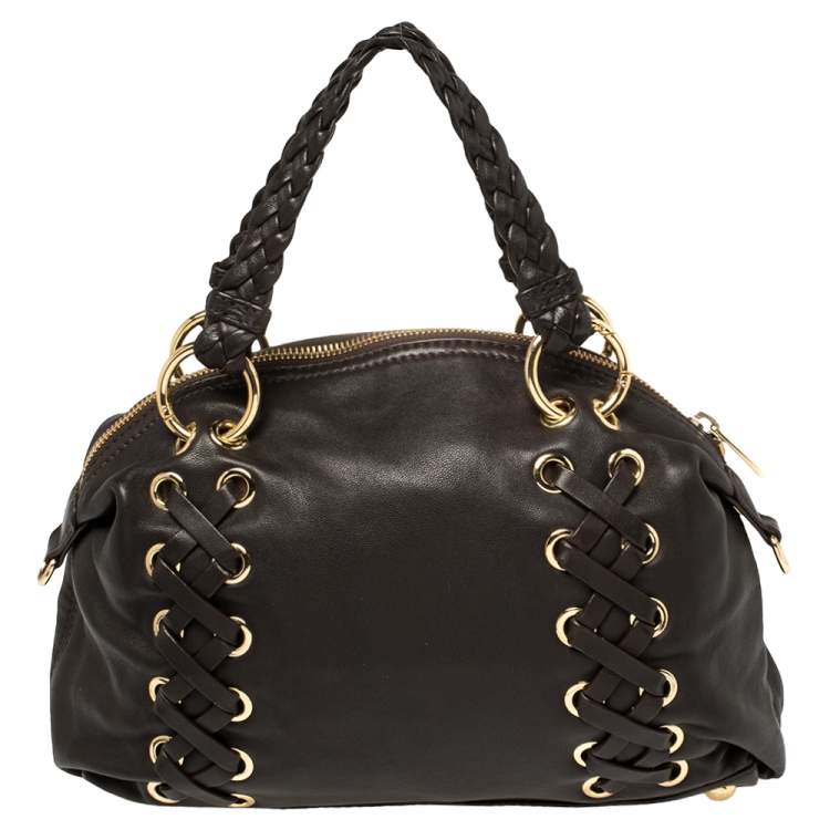 Pre Owned MICHAEL Michael Kors Dark Brown Leather Braided Handle Satchel