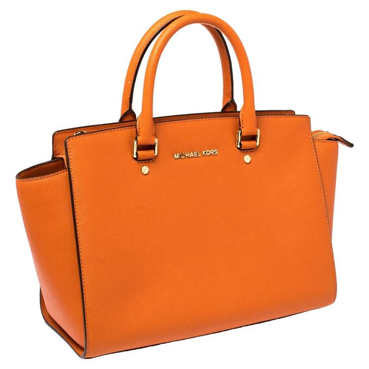 Pre Owned Michael Kors Orange Saffiano Leather Medium Selma Tote