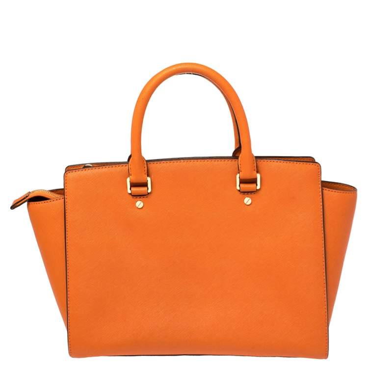 Pre Owned Michael Kors Orange Saffiano Leather Medium Selma Tote